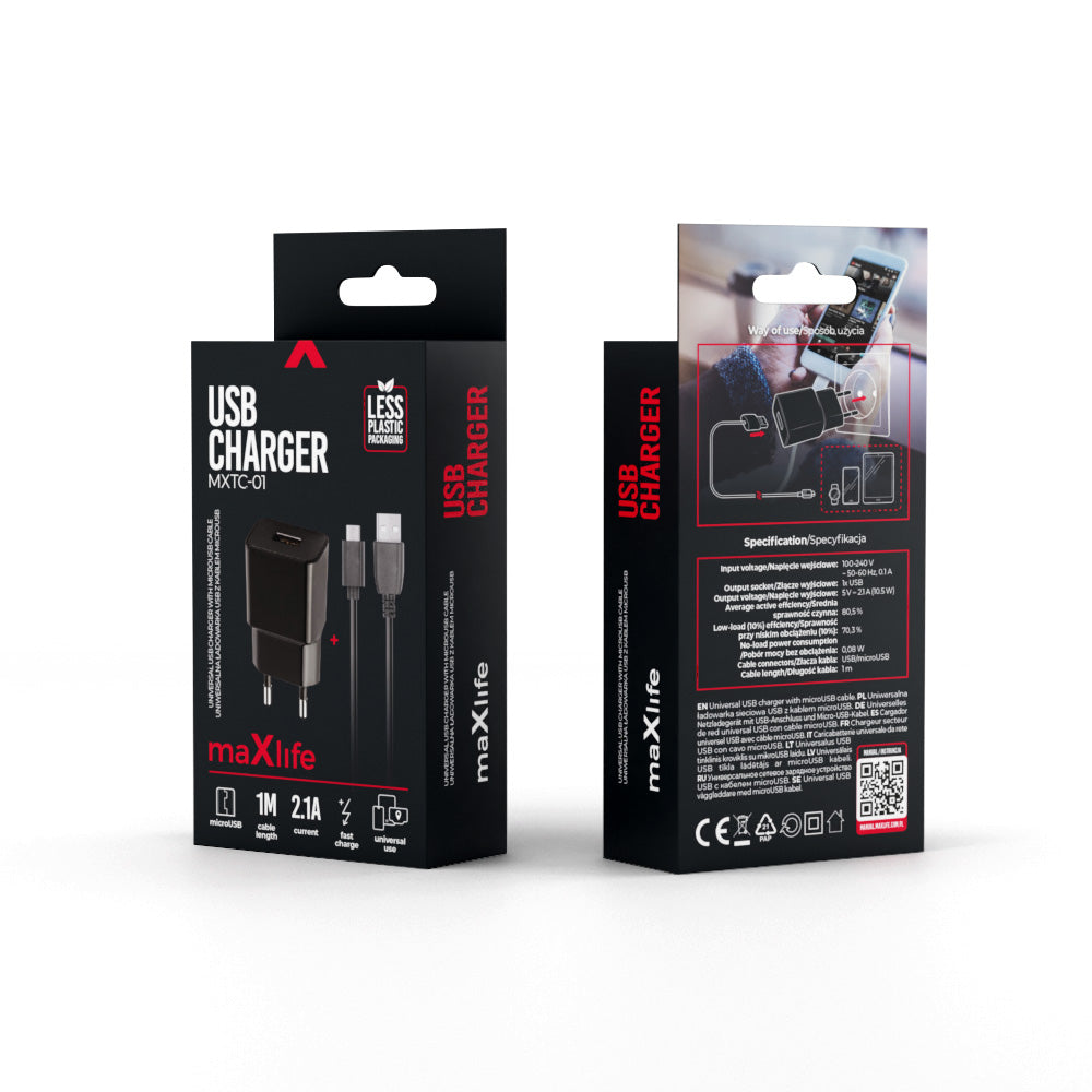 Caricabatterie da rete con cavo microUSB MaXlife MXTC-01, 10.5W, 2.1A, 1 x USB-A, Nero