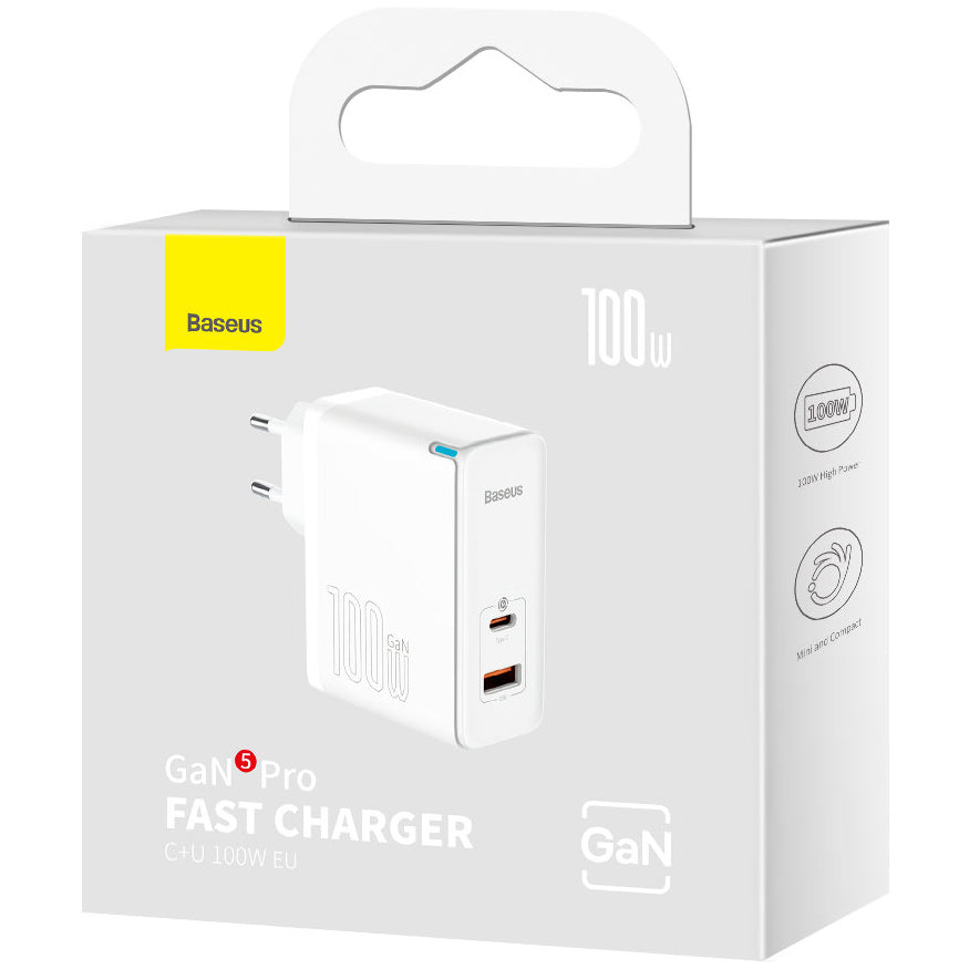 Caricabatterie da Rete con Cavo USB-C Baseus GaN5 Pro, 100W, 3A, 1 x USB-A - 1 x USB-C, Bianco CCGP090202