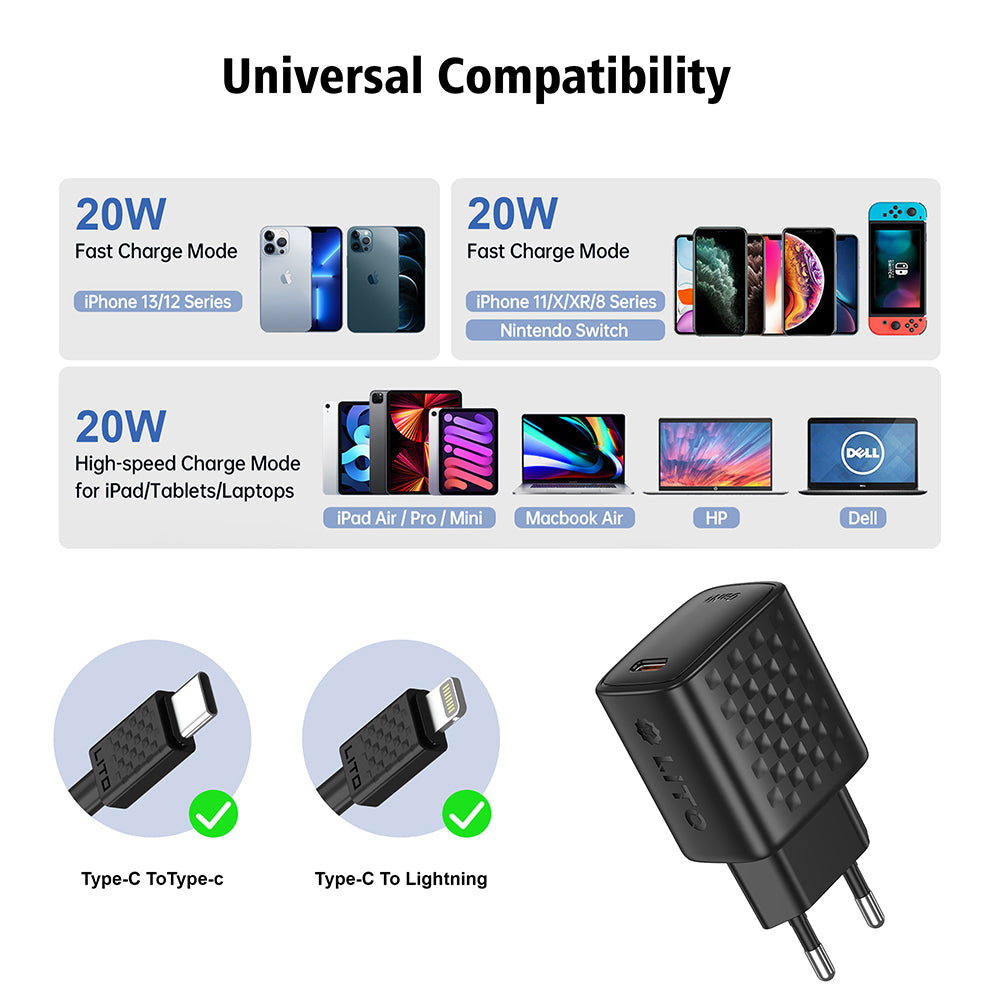 Caricabatterie da rete con cavo Lightning Lito LC13L, 20W, 3A, 1 x USB-C, Nero