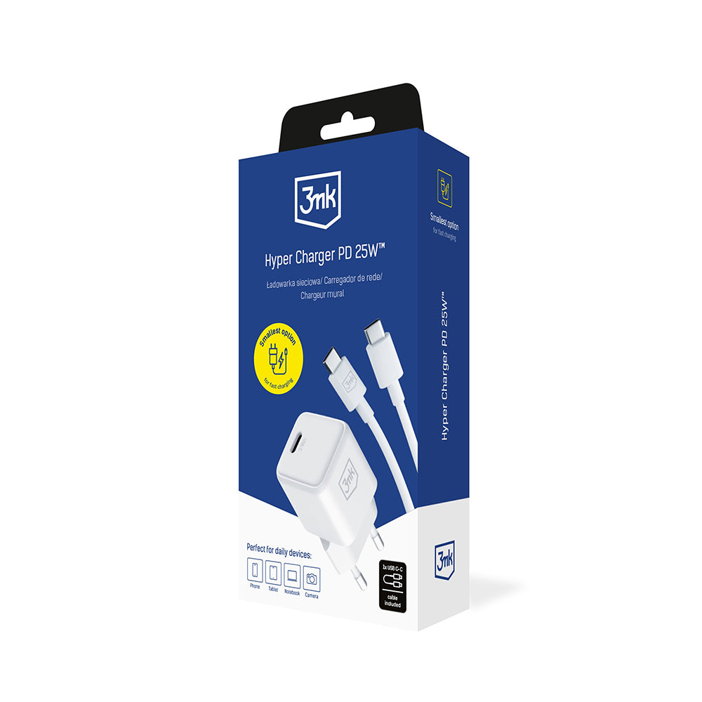 Caricabatterie Rete con Cavo USB-C 3MK Hyper, 25W, 3A, 1 x USB-C, Bianco