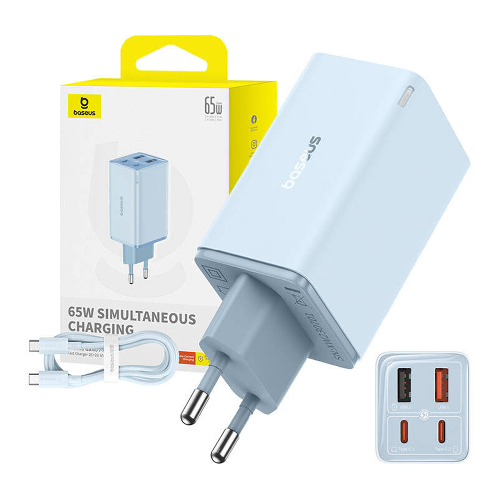 Caricabatterie Rete con Cavo USB-C Baseus GaN6 Pro, 65W, 3.25A, 2 x USB-A - 2 x USB-C, Blu E0121D00