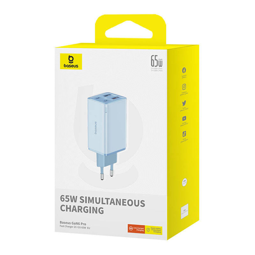 Caricabatterie Rete con Cavo USB-C Baseus GaN6 Pro, 65W, 3.25A, 2 x USB-A - 2 x USB-C, Blu E0121D00