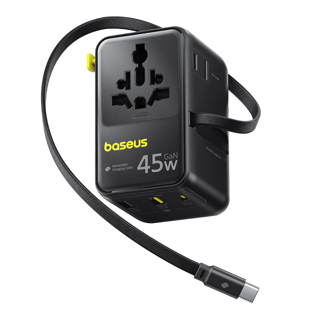 Caricatore da rete con cavo USB-C Baseus Travel PicoGo AG11, 45W, 2 x Presa - 1 x USB-C - 2 x USB-A, Nero E0307F00
