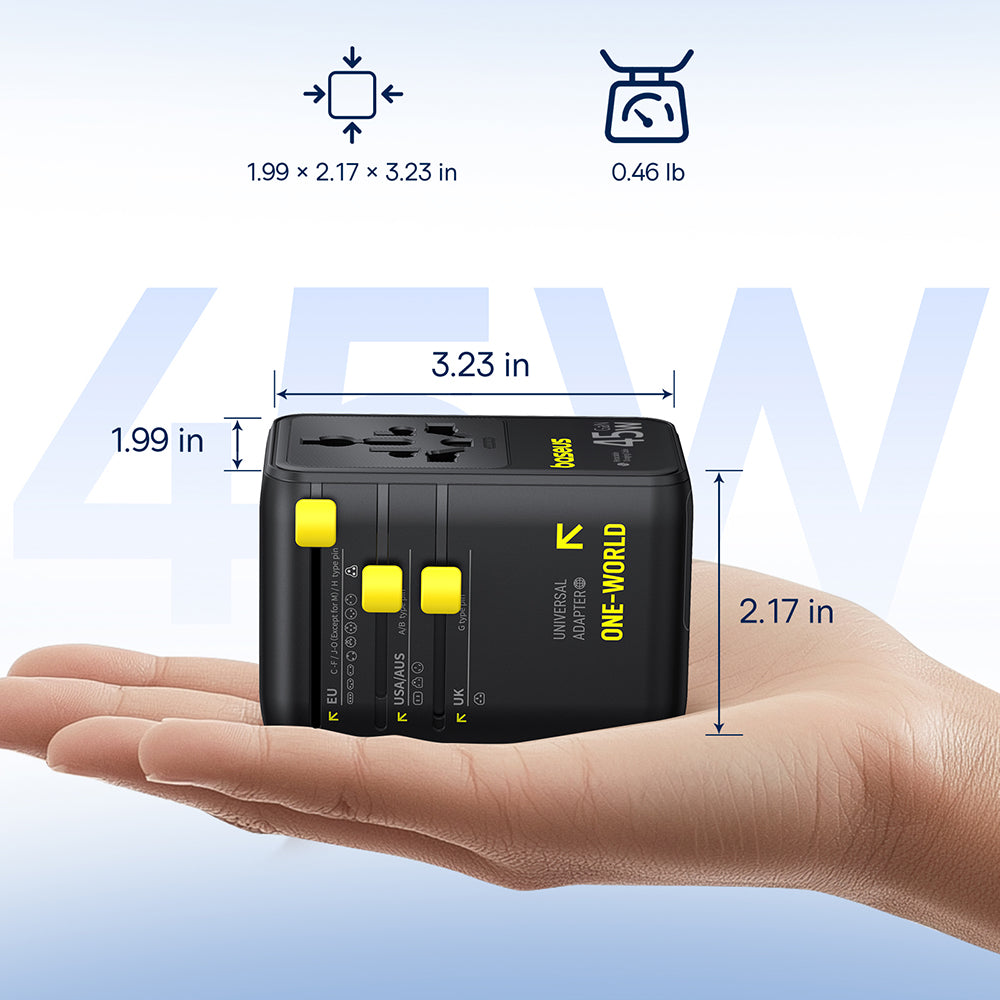 Caricatore da rete con cavo USB-C Baseus Travel PicoGo AG11, 45W, 2 x Presa - 1 x USB-C - 2 x USB-A, Nero E0307F00