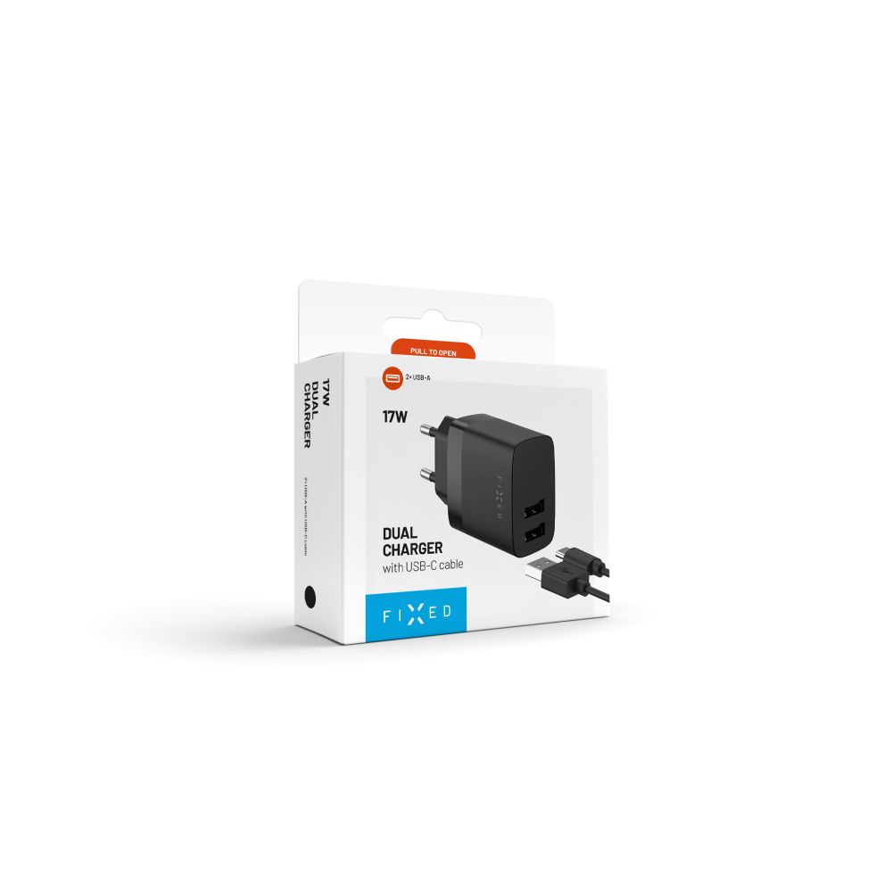 Caricabatterie da rete con cavo USB-C Fixed, 17W, 3A, 2 x USB-A, Nero