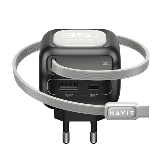 Caricabatterie da Rete con Cavo USB-C HAVIT UC251, 35W, 3A, 1 x USB-A - 1 x USB-C, Nero Grigio