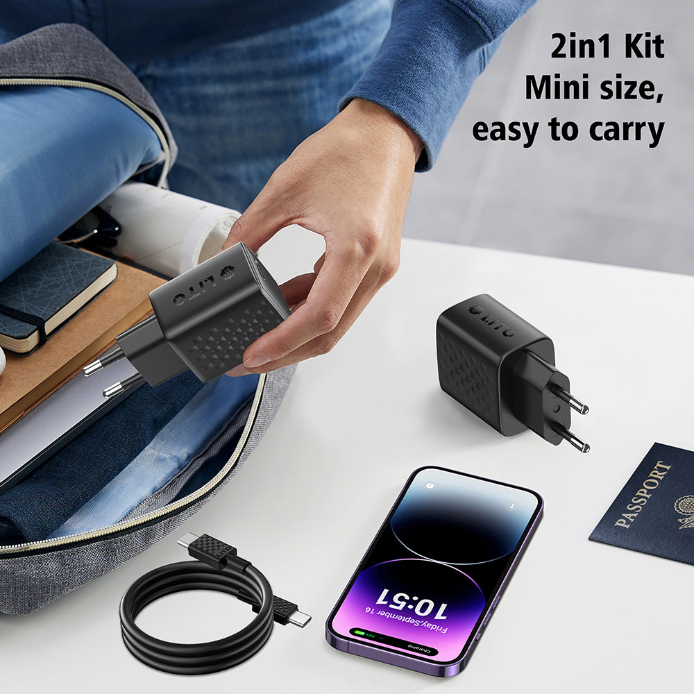 Caricabatterie da Rete con Cavo USB-C Lito LC13T, 20W, 3A, 1 x USB-C, Nero