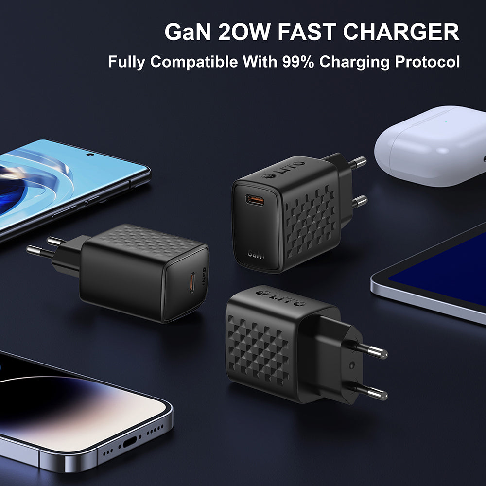 Caricabatterie da Rete con Cavo USB-C Lito LC13T, 20W, 3A, 1 x USB-C, Nero