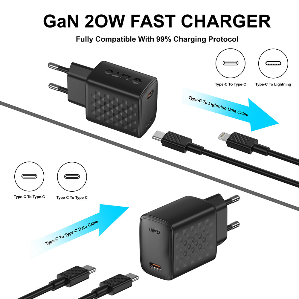 Caricabatterie da Rete con Cavo USB-C Lito LC13T, 20W, 3A, 1 x USB-C, Nero