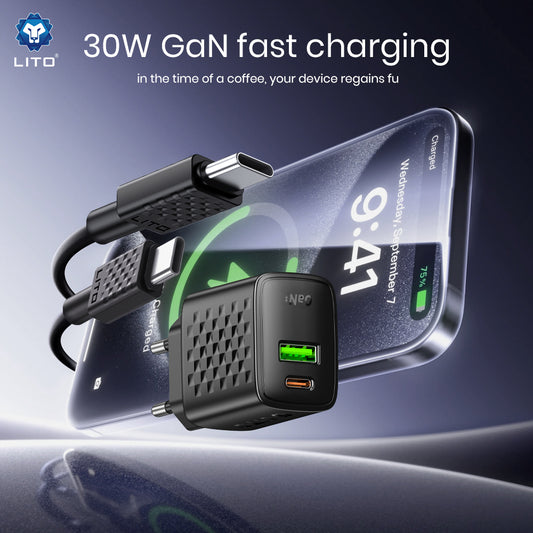 Caricabatterie Rete Con Cavo USB-C Lito LC19T, 30W, 3A, 1 x USB-A - 1 x USB-C, Nero