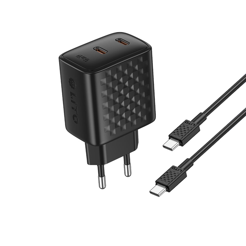 Caricabatterie da Rete con Cavo USB-C Lito LC22T, 45W, 3A, 2 x USB-C, Nero