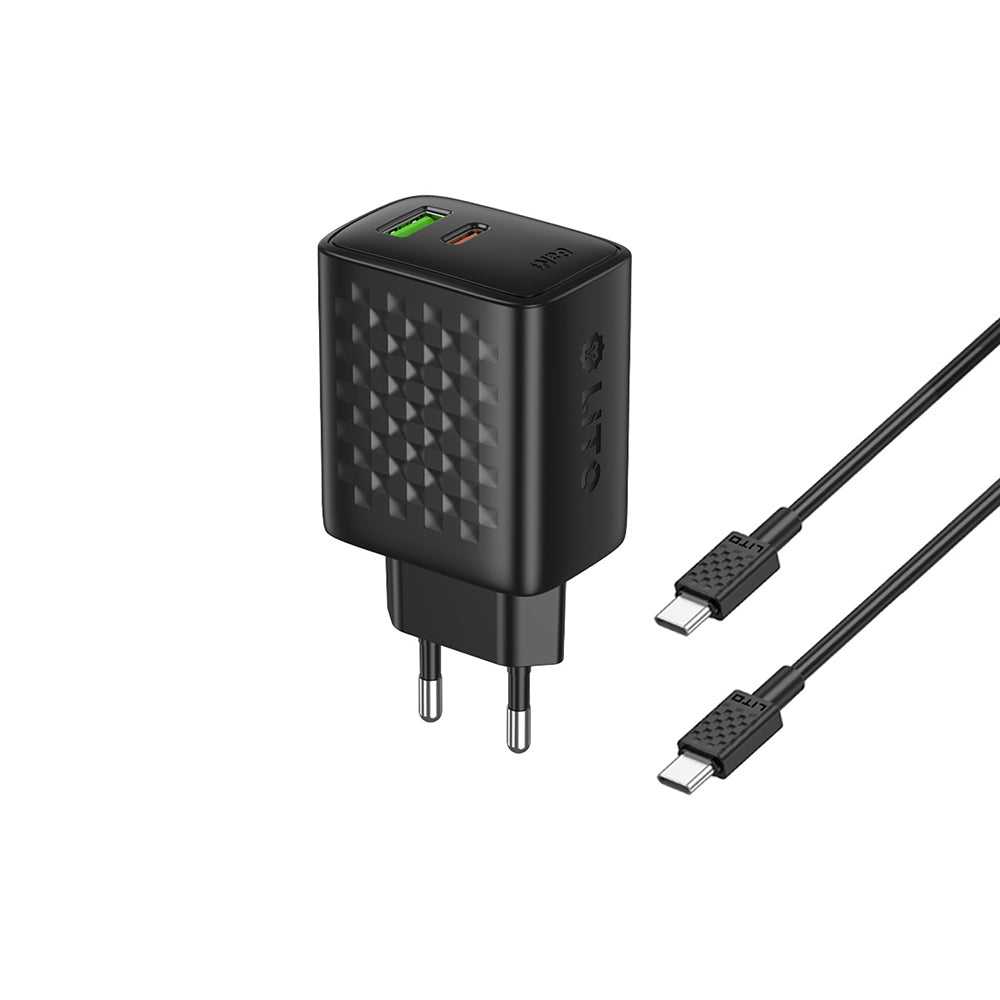 Caricabatterie Rete con Cavo USB-C Lito LC24T, 65W, 3.25A, 1 x USB-A - 1 x USB-C, Nero