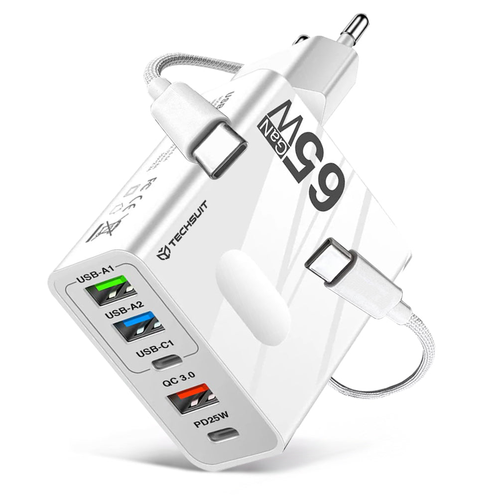 Caricabatterie Rete con Cavo USB-C Techsuit CHC1 PentaXPower, 25W, 3A, 3 x USB-A - 2 x USB-C, Bianco