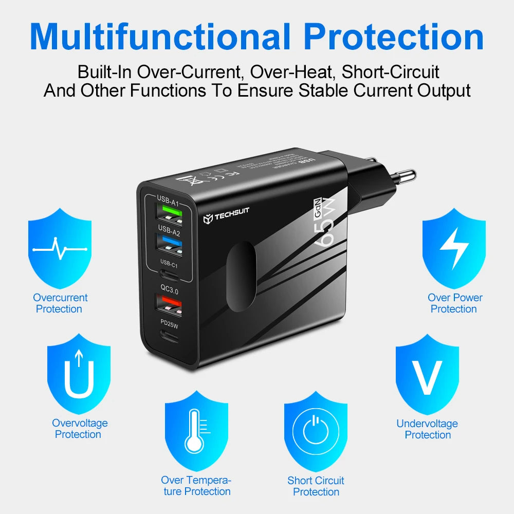 Caricabatterie Rete con Cavo USB-C Techsuit CHC1 PentaXPower, 25W, 3A, 3 x USB-A - 2 x USB-C, Bianco