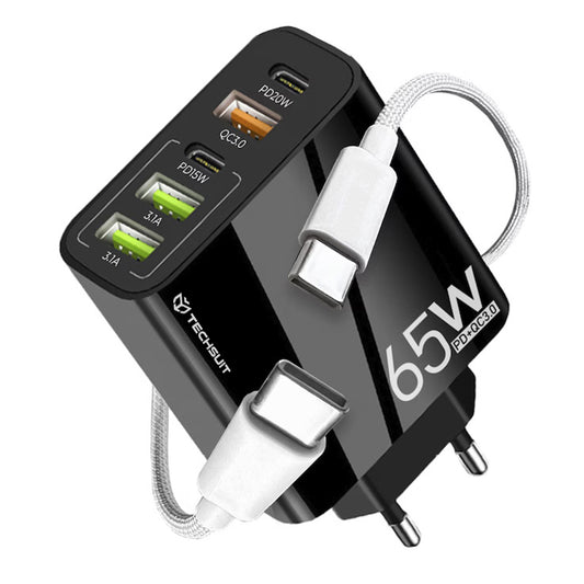Caricabatterie Rete con Cavo USB-C Techsuit CHC2 PentaXPower, 20W, 3A, 3 x USB-A - 2 x USB-C, Nero