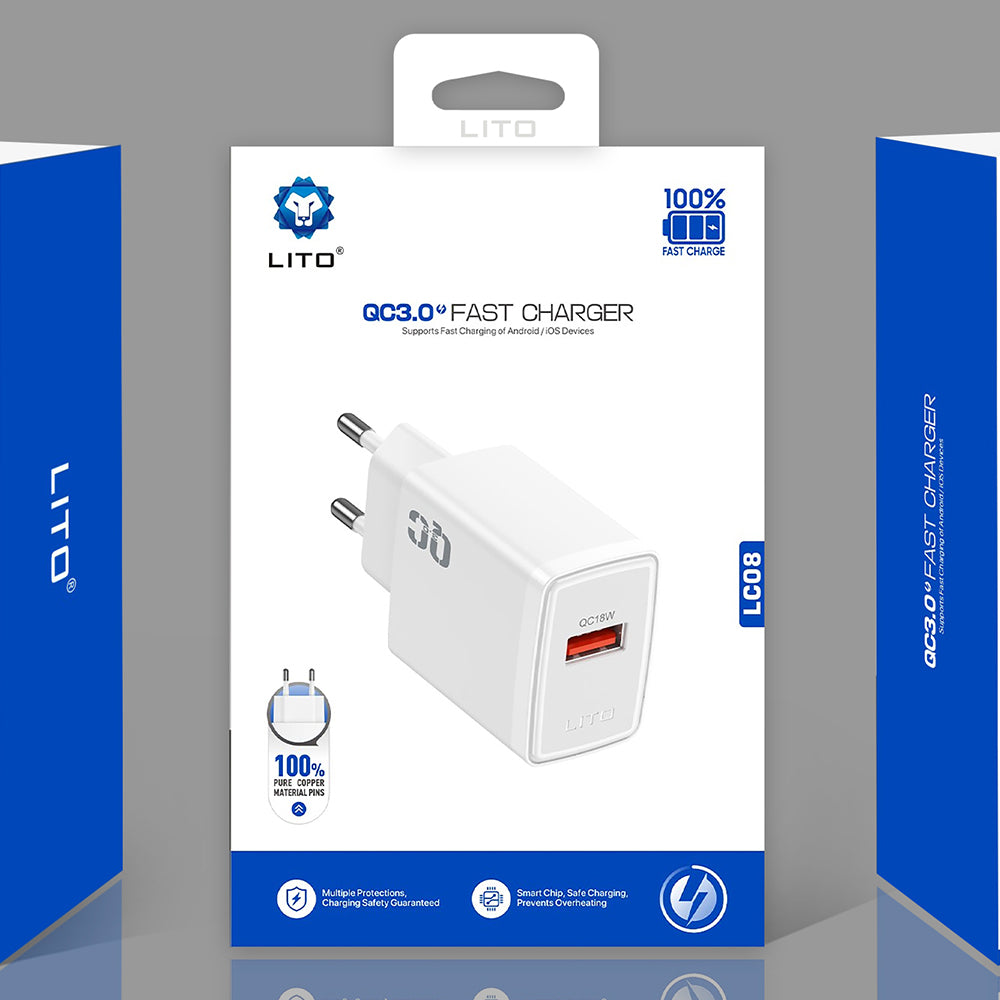 Caricabatterie da Rete Lito LC08, 18W, 3A, 1 x USB-A, Bianco