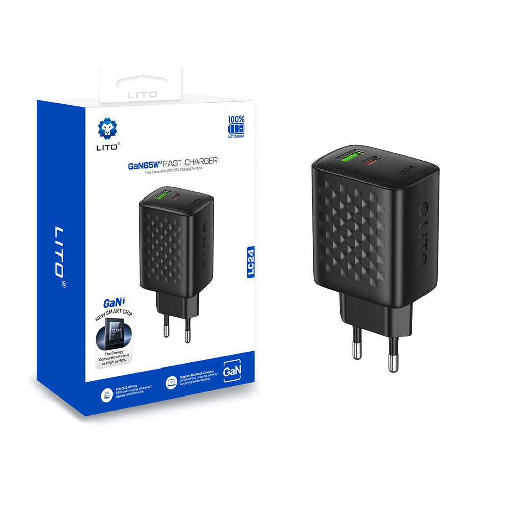 Caricabatterie Rete Lito LC24, 65W, 3.25A, 1 x USB-A - 1 x USB-C, Nero