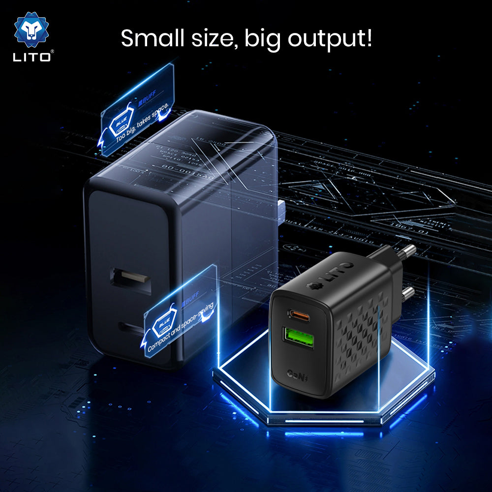 Caricabatterie Rete Lito LC24, 65W, 3.25A, 1 x USB-A - 1 x USB-C, Nero