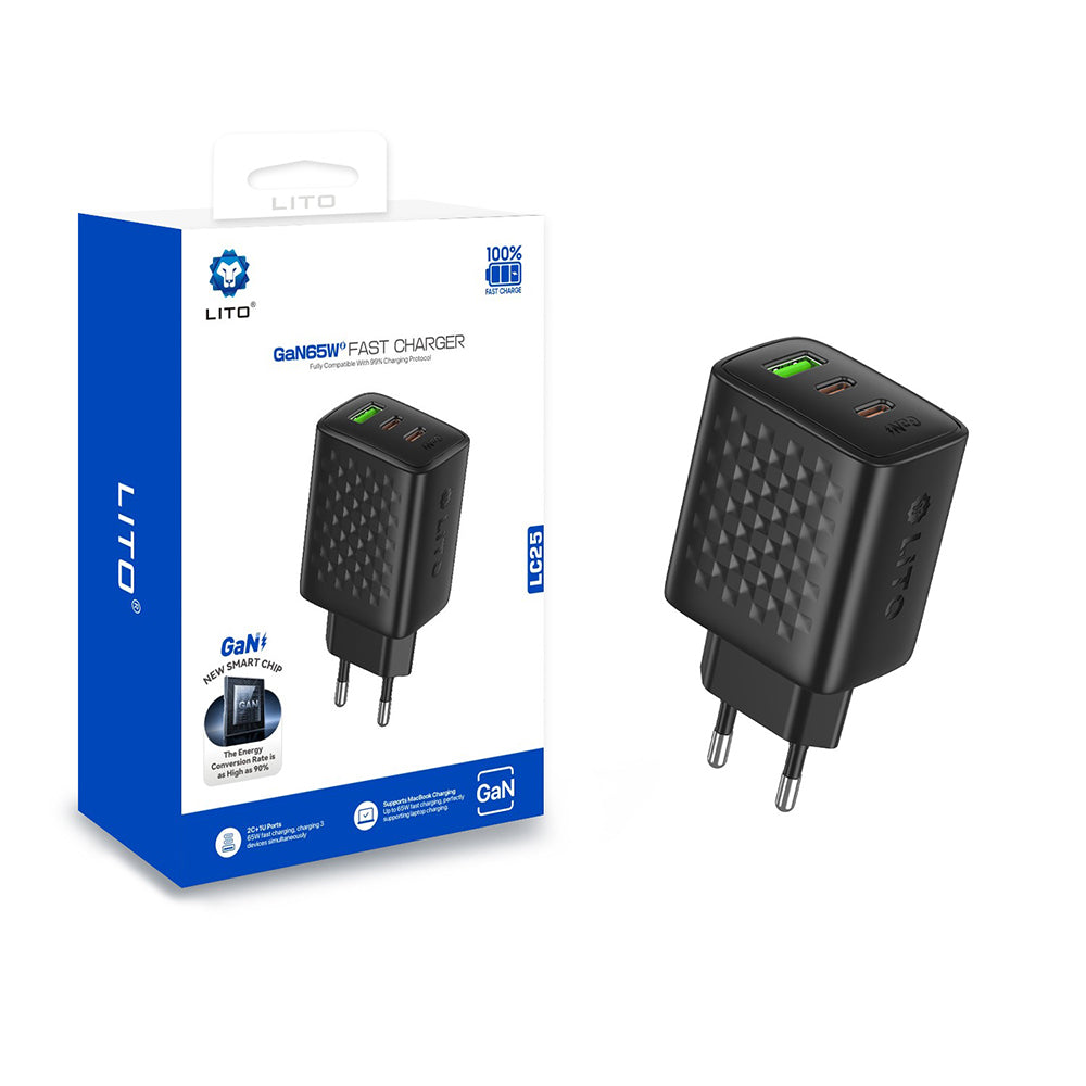 Caricabatterie Rete Lito LC25, 65W, 3.25A, 1 x USB-A - 2 x USB-C, Nero
