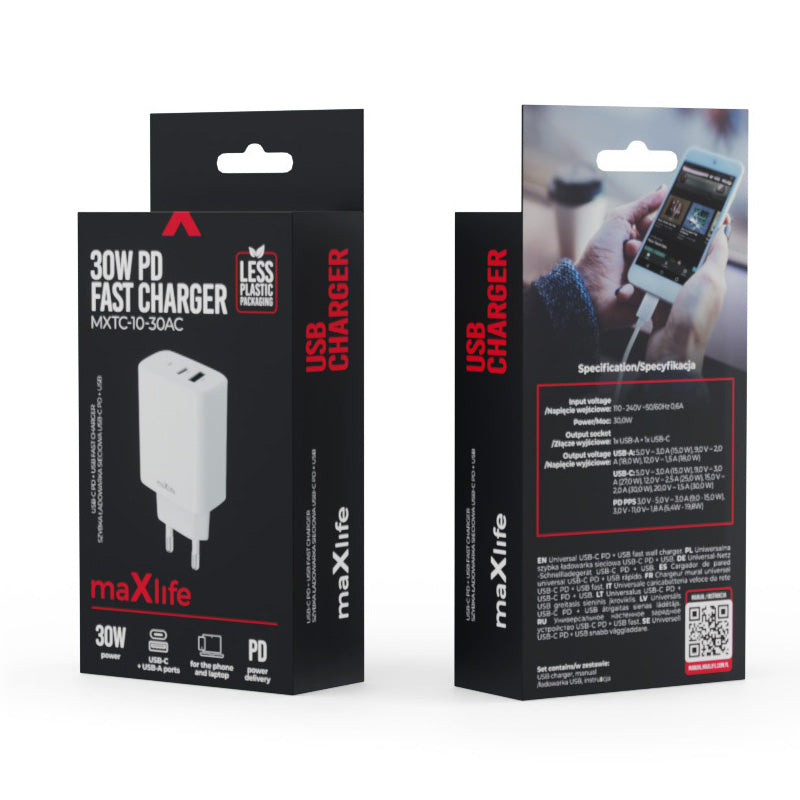 Caricabatterie di rete MaXlife MXTC-10-30AC, 30W, 3A, 1 x USB-A - 1 x USB-C, bianco