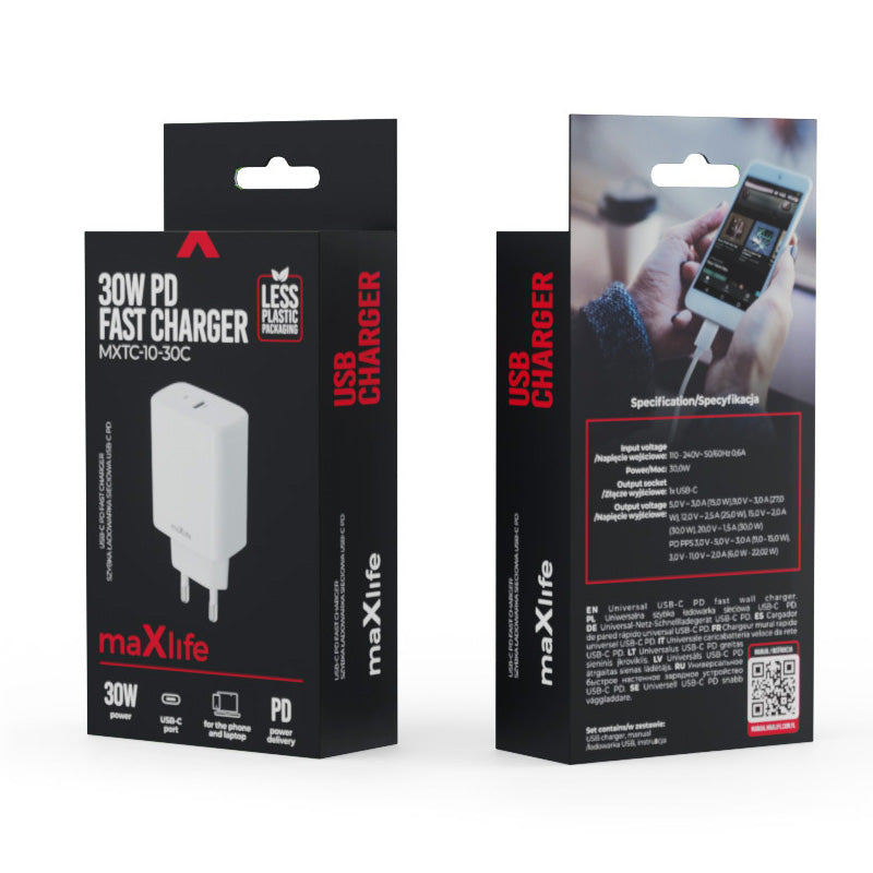 Caricabatterie di rete MaXlife MXTC-10-30C, 30W, 3A, 1 x USB-C, bianco