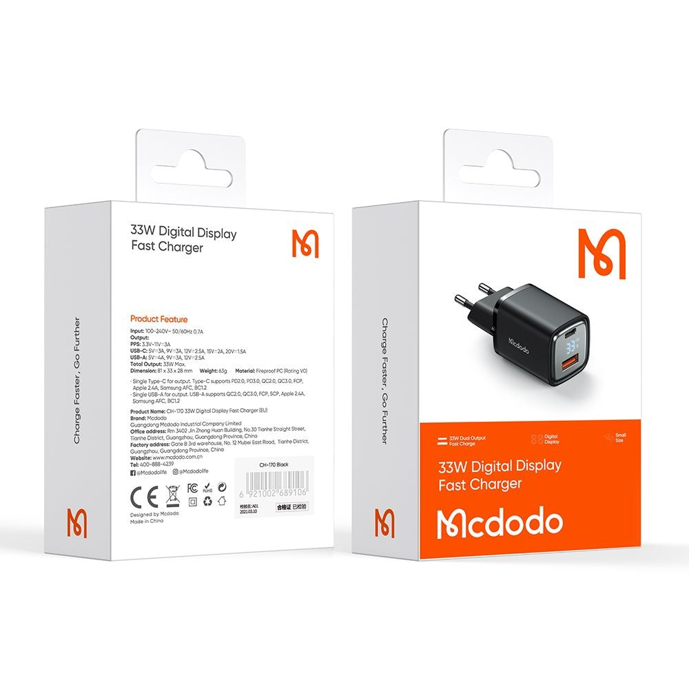 Caricabatterie Retea McDodo CH-1701 Graphite Display, 33W, 3A, 1 x USB-A - 1 x USB-C, Nero