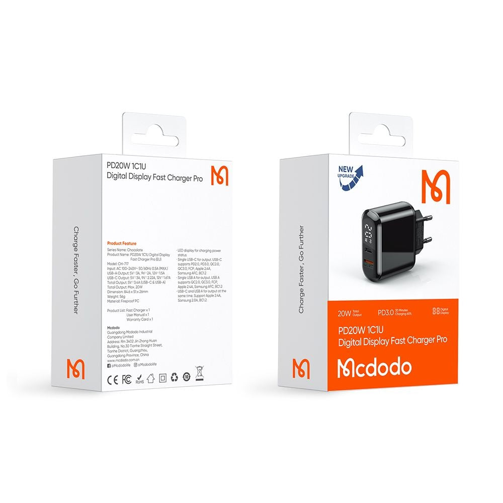Caricabatterie Rete McDodo CH-7170 Chocolate Display, 20W, 3A, 1 x USB-A - 1 x USB-C, Nero