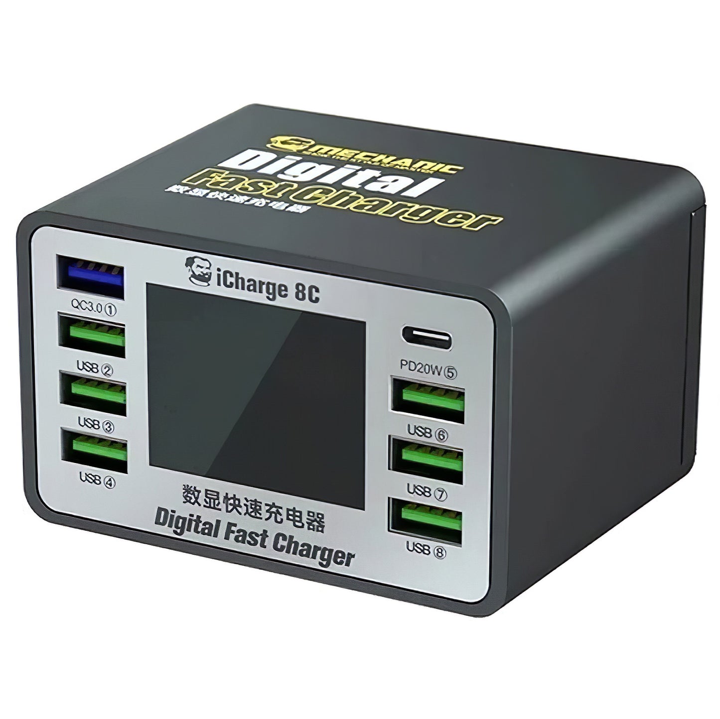 Caricabatterie Stazione Mechanic 8C con Display, 50W, 3A, 7 x USB-A - 1 x USB-C, Nero