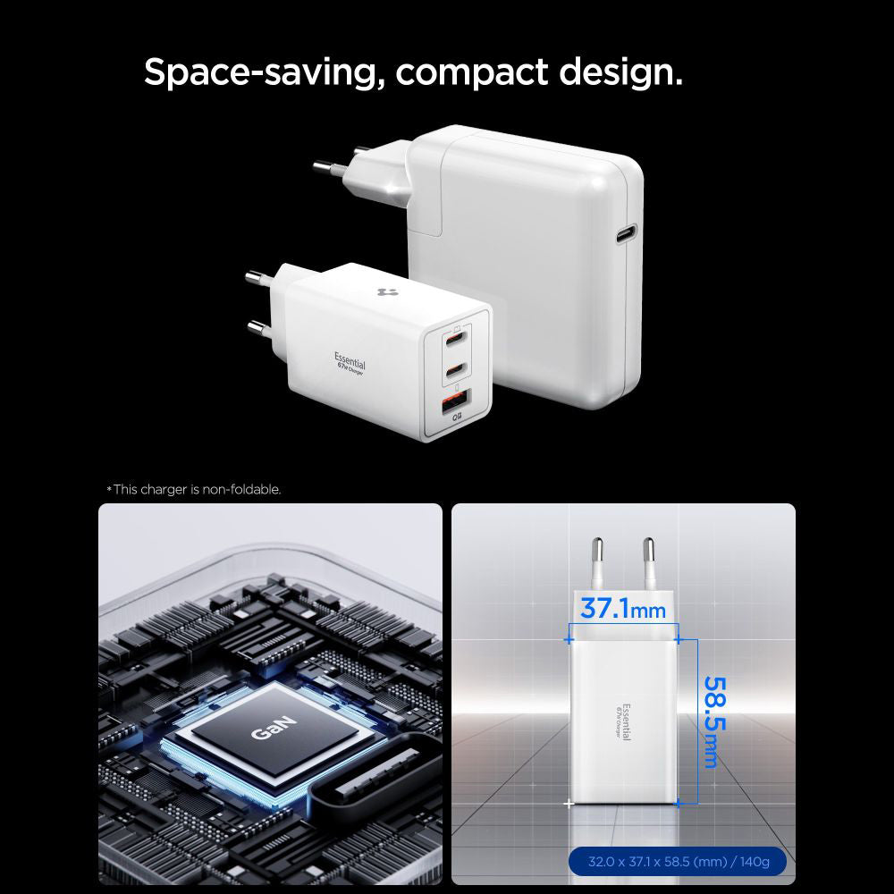 Caricabatterie Retea Spigen Essential, 67W, 3.25A, 1 x USB-A - 2 x USB-C, Bianco ACH08710