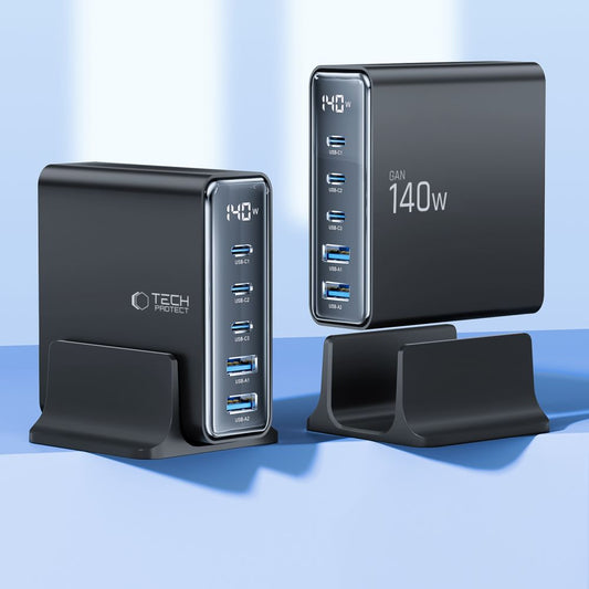 Tech-Protect Caricabatterie di rete DC140W, 140W, 3A, 2 x USB-A - 3 x USB-C, nero