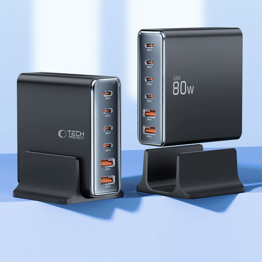 Caricatore di rete Tech-Protect DC80W, 80W, 3A, 2 x USB-A - 4 x USB-C, nero