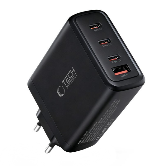 Caricabatterie Retea Tech-Protect NC120W-GAN, 120W, 5A, 1 x USB-A - 3 x USB-C, Nero