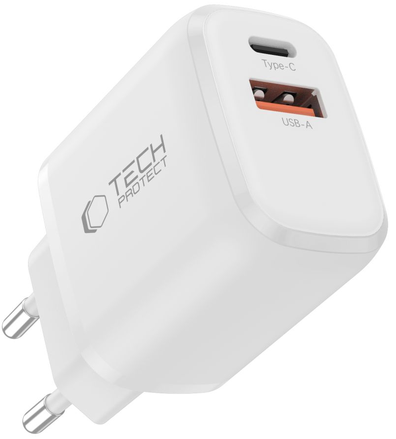 Caricabatterie Rete Tech-Protect NCA45W, 45W, 3A, 1 x USB-A - 1 x USB-C, Bianco