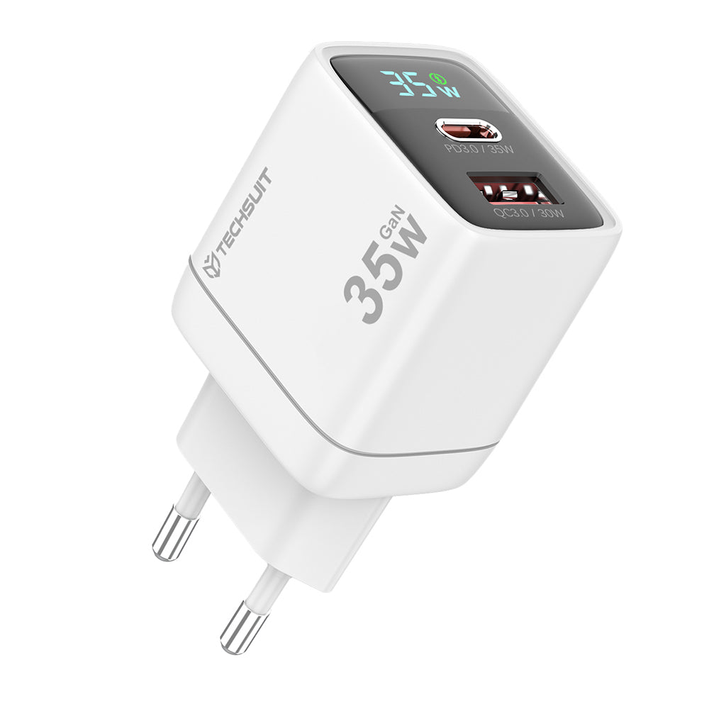 Caricabatterie Rete Techsuit CH3 LEDChargX Display, 35W, 3A, 1 x USB-A - 1 x USB-C, Bianco