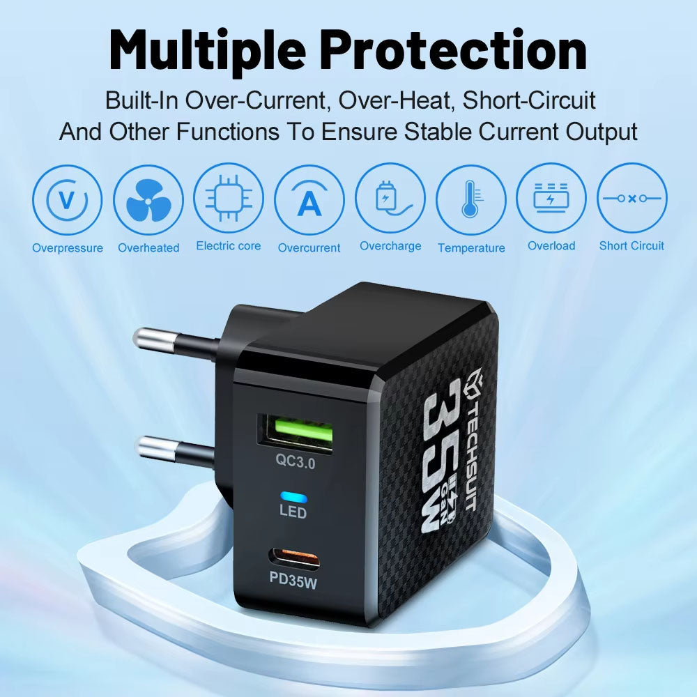 Caricabatterie Retea Techsuit CHPD173 Tiny, 35W, 3A, 1 x USB-A - 1 x USB-C, Bianco