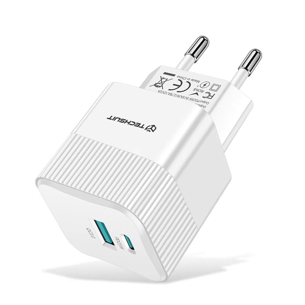 Caricabatterie Retea Techsuit CHPD216 Tiny, 25W, 3A, 1 x USB-A - 1 x USB-C, Bianco