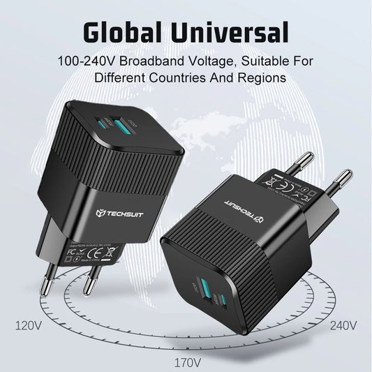 Caricabatterie Retea Techsuit CHPD216 Tiny, 25W, 3A, 1 x USB-A - 1 x USB-C, Bianco