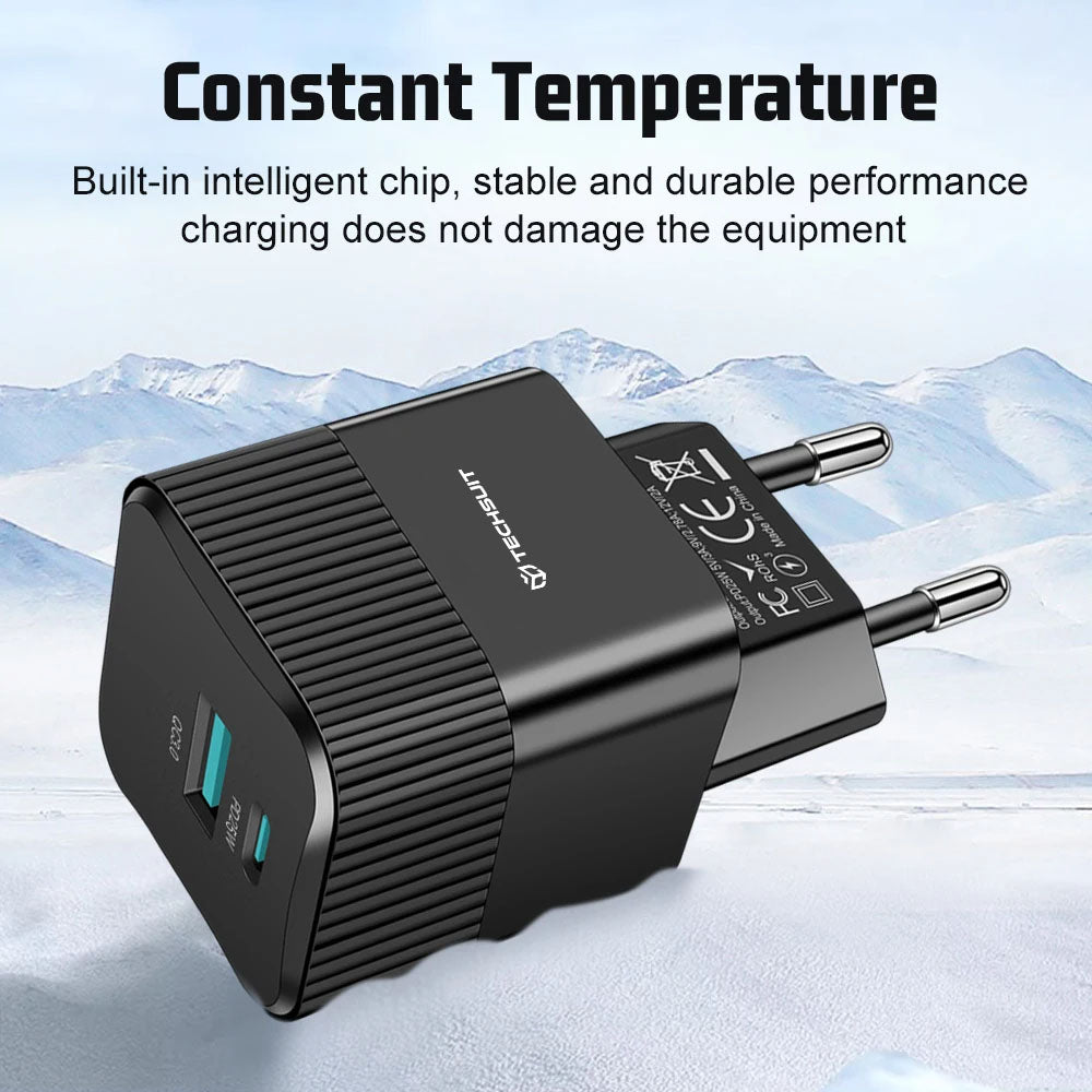 Caricabatterie Retea Techsuit CHPD216 Tiny, 25W, 3A, 1 x USB-A - 1 x USB-C, Bianco
