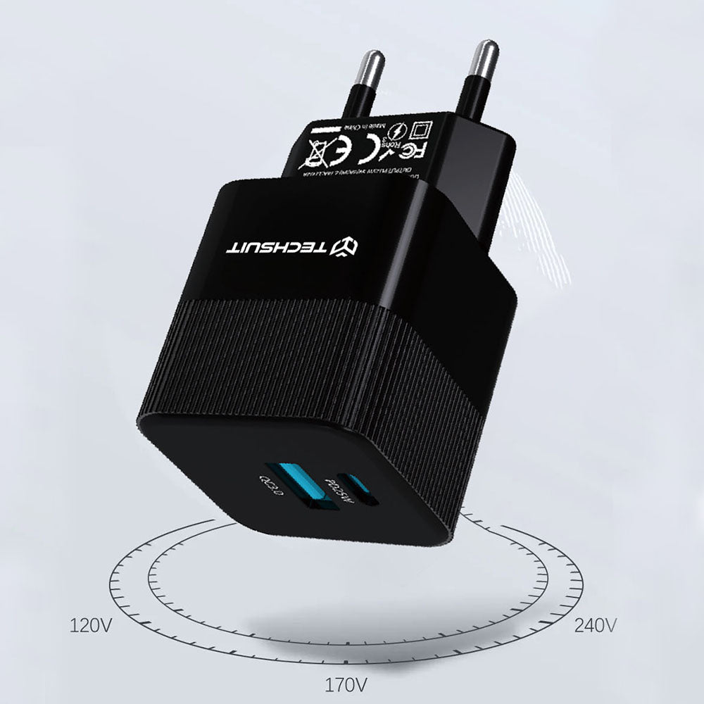 Techsuit CHPD216 Tiny Network Charger, 25W, 3A, 1 x USB-A - 1 x USB-C, Black