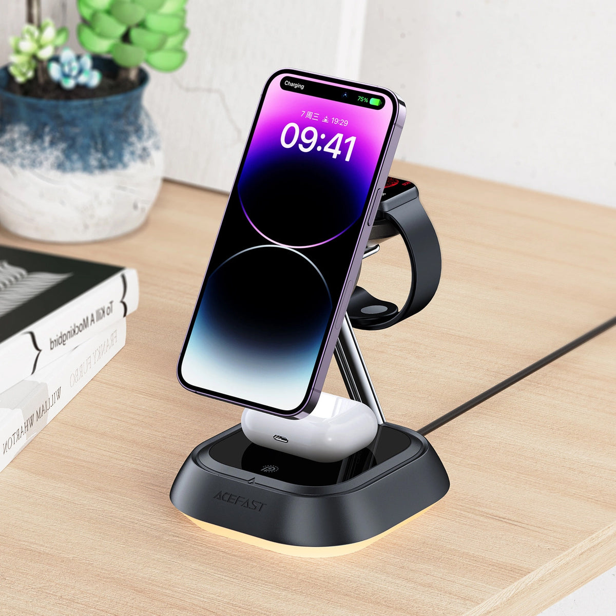 Caricabatterie Wireless Retea Acefast E16 3in1, 15W, 1.67A, Nero