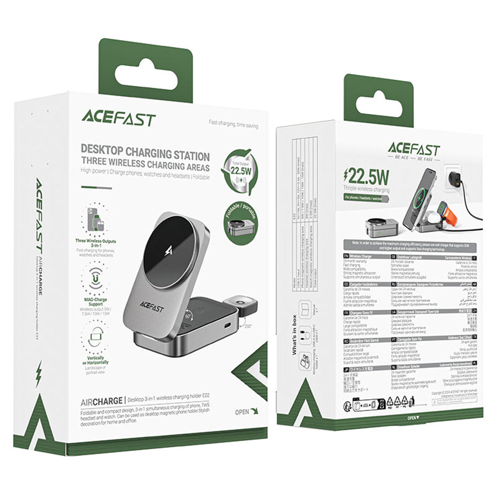 Caricabatterie Wireless Rete Acefast E22 3in1, 22.5W, 1.67A, Grigio