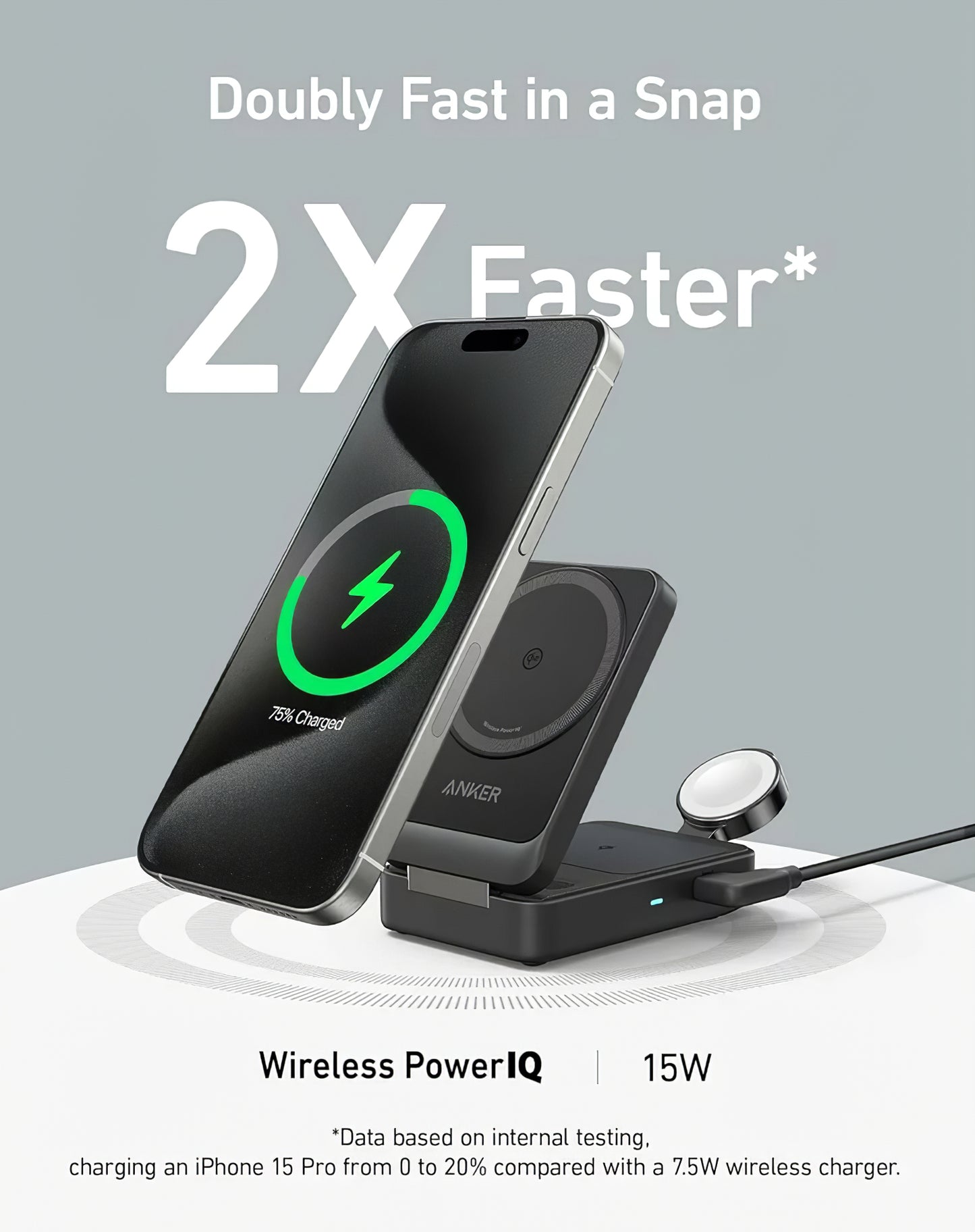 Caricabatterie Wireless Anker MagGo 3in1, 15W, 1.67A, Nero, Ricondizionato B2557311