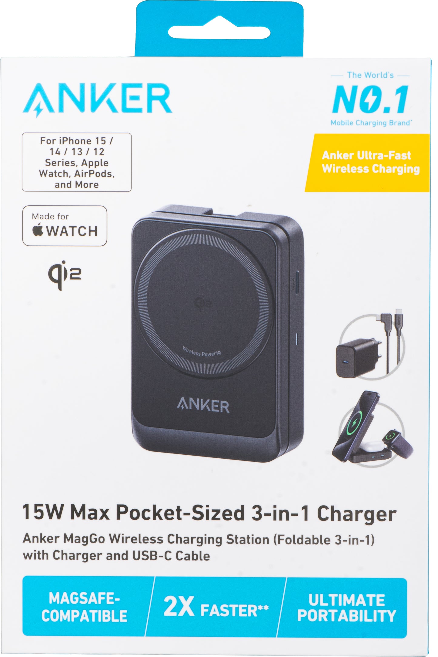 Caricabatterie Wireless Anker MagGo 3in1, 15W, 1.67A, Nero B2557311