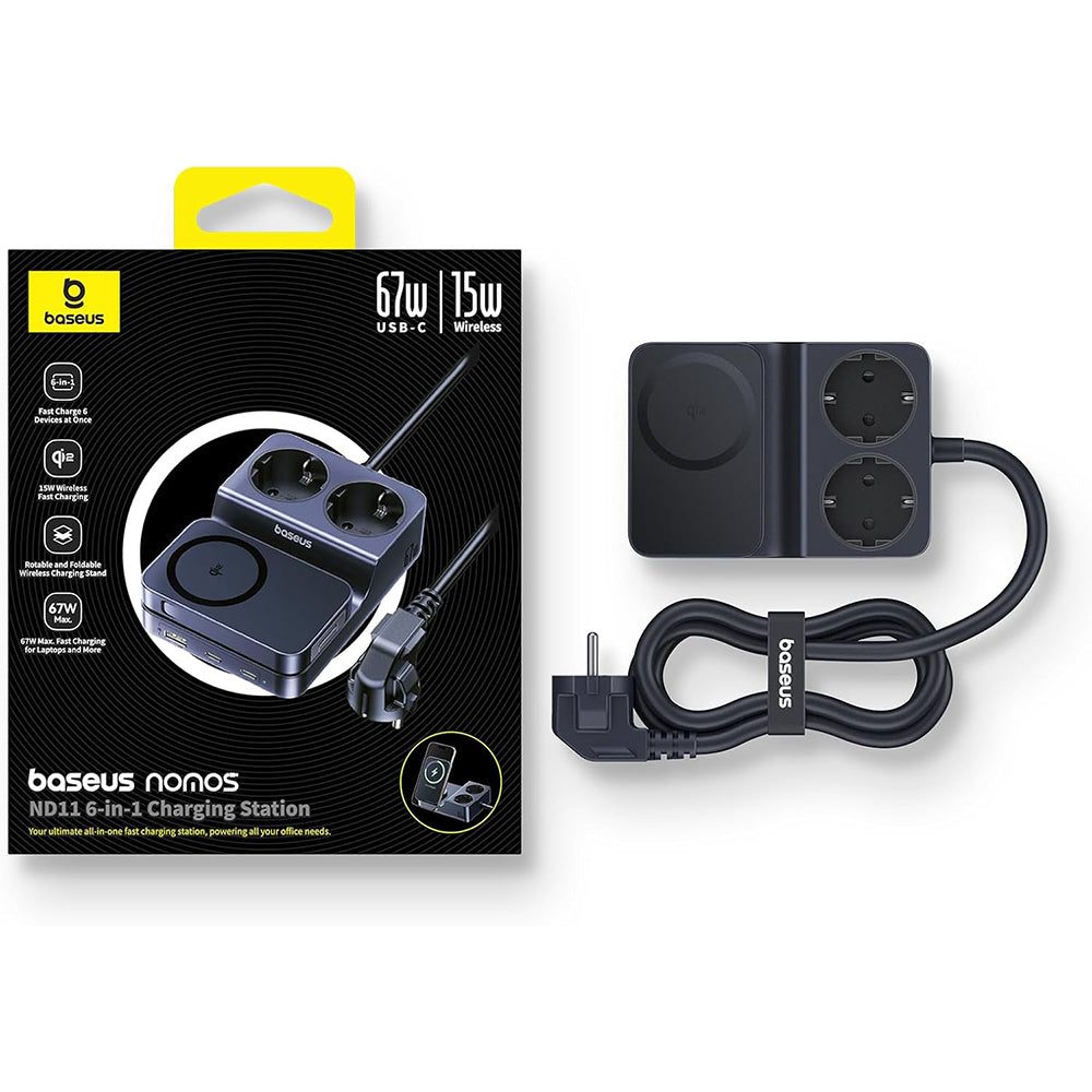 Caricabatterie Stazione Baseus Nomos ND11 QI 6in1, 67W, 3.35A, 1 x USB-A - 2 x USB-C - 2 x Schuko, Nero P80015804213-00