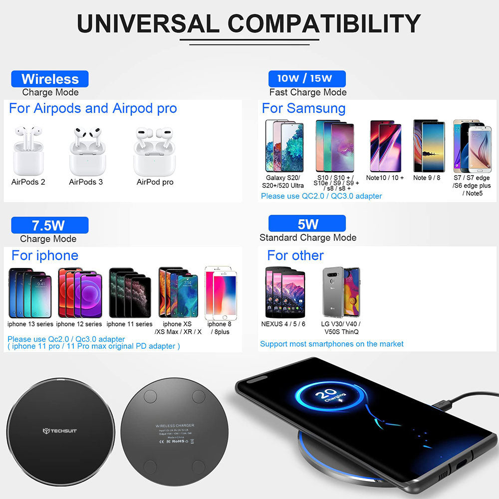 Techsuit CHWR031 Premium Wireless Network Charger, 15W, 1.67A, Black