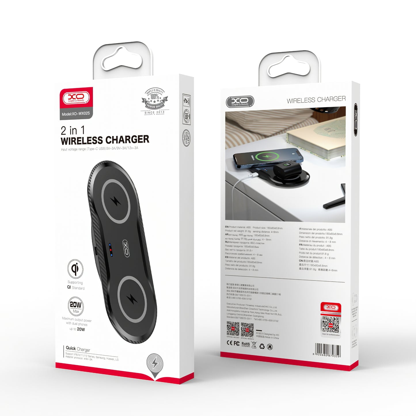 Caricatore di rete wireless XO Design WX026, 20W, 1,1A, nero