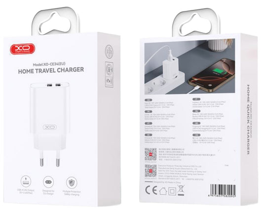 Caricabatterie Rete XO Design CE34, 12W, 2.4A, 2 x USB-A, Bianco