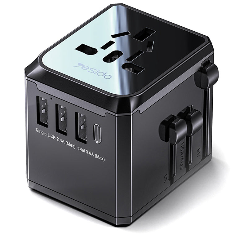 Caricabatterie da rete Yesido MC10 Travel, 12W, 2.4A, 1 x USB-C - 3 x USB-A, Nero