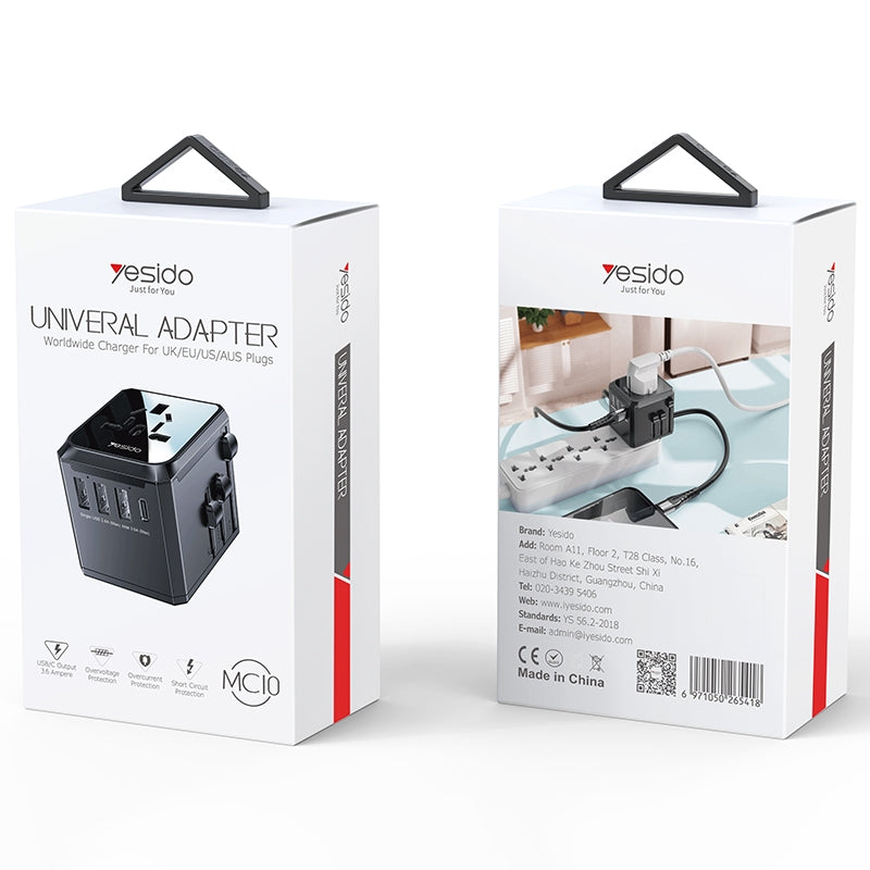 Caricabatterie da rete Yesido MC10 Travel, 12W, 2.4A, 1 x USB-C - 3 x USB-A, Nero