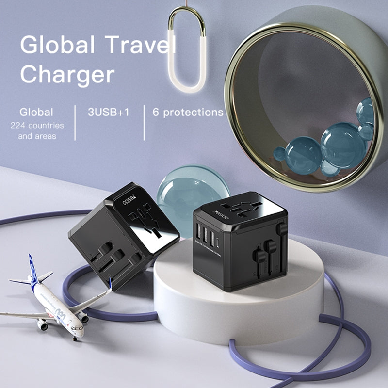 Caricabatterie da rete Yesido MC10 Travel, 12W, 2.4A, 1 x USB-C - 3 x USB-A, Nero